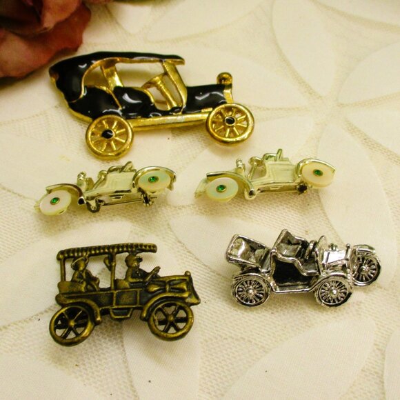ANTIQUE CAR Mixed Material Brooch Lot ~ Five VINTAGE Early Automotive Pin Lot - Picture 8 of 11